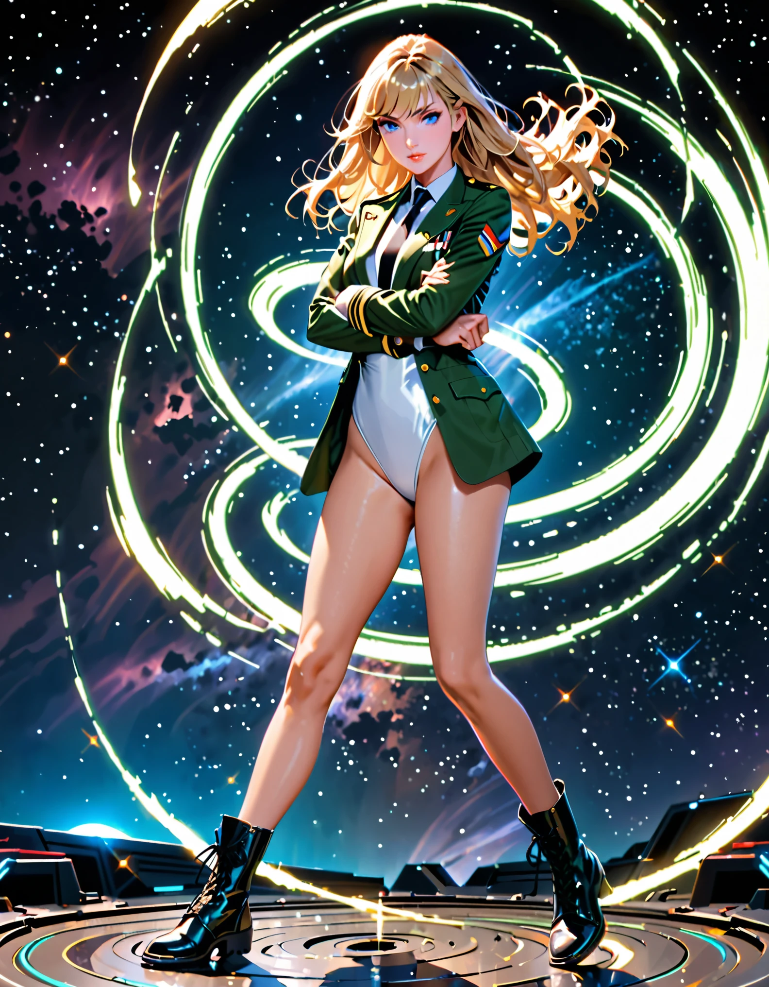 best quality, masterpiece, highres, solo, solo focus, 1lady, semi-realistic, floating, legs straight, blonde hair, blue eyes, beautiful detailed eyes, beautiful detailed face, (perfect hands), sexy us military officer, ((green and white leotard)), suit and tie, black necktie, green military uniform, (open jacket), perfect fit, matching shoes, outer space backdrop, neon edge lighting, highly detailed, professional, bare legs, matching boots, ankle-high boots, full body shot, medium hair, hair down, (dynamic spinning pose), (crossed arms, (she spins fast) in place like a (tornado), spiral lines). diffraction spikes, light particles.