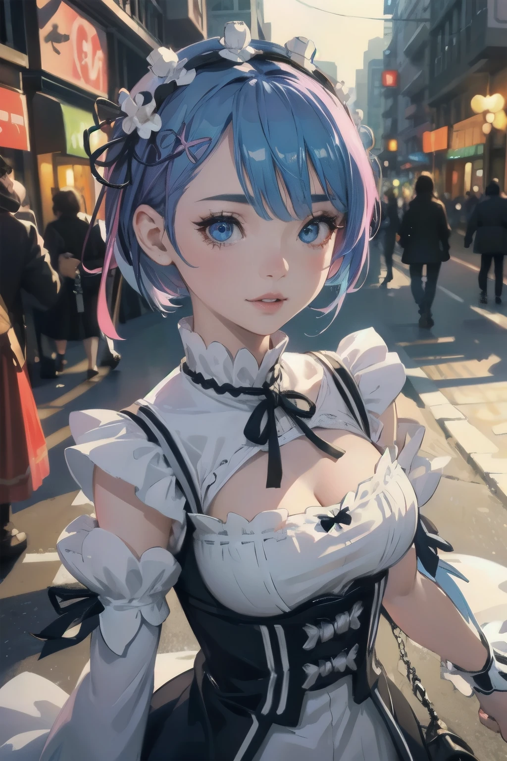 beautiful detailed eyes, beautiful detailed lips, extremely detailed eyes and face, long eyelashes, 1girl, chibi, kawaii, cute, , photo-realistic, hyperrealistic, street fashion, cosplay, rem from re:zero, full body, smiling, fantasy, fantasy art, digital painting, cinematic lighting, dramatic lighting, vibrant colors, highly detailed, sharp focus, volumetric lighting, photorealistic, 8k, best quality, masterpiece