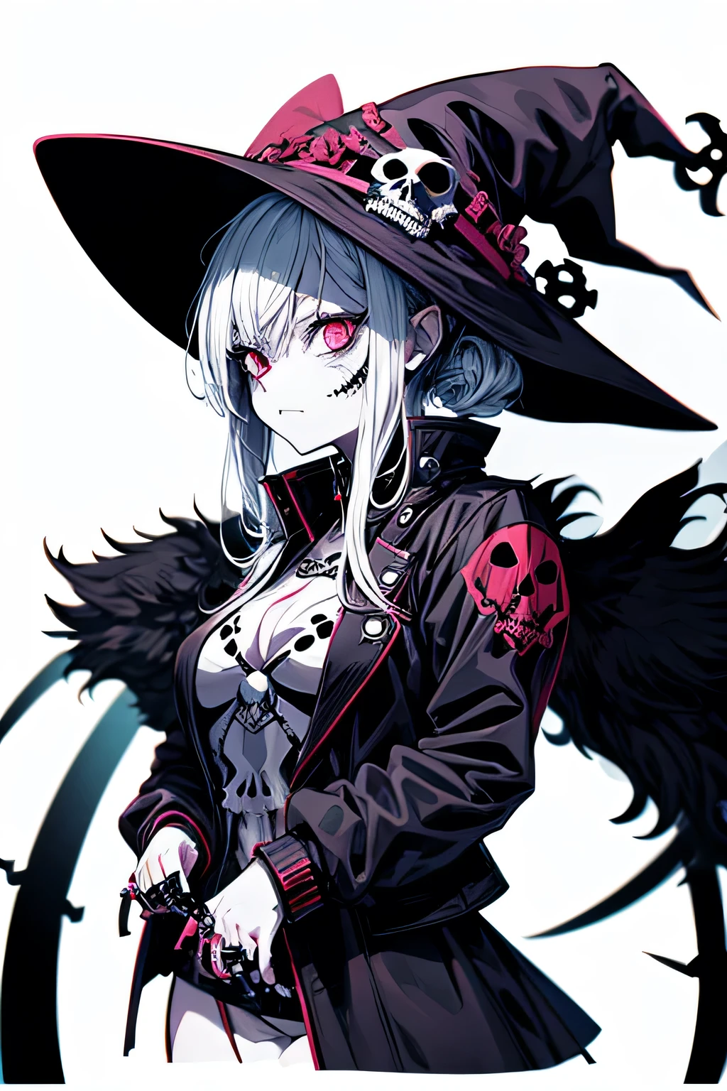 Anime Zombie Witch Design, Crossbones, skull, Streetwear-Design, Pro-Vector, Horror-Stil, Complete design, Only 6 colors, solid colors, no shadows, Complete design, sticker, bright colors, White background.