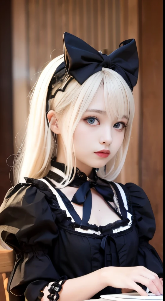 (Tabletop, Highest quality:1.2), 8K, 85mm, Official Art, RAW Photos, Absurd, Platinum Blonde Hair, (blue eyes, Lolita Fashion, Sweet Lolita, Gothic, dress:1.2), Idol&#39;s face, Upper Body, beautiful girl, Gardeniass, Copenhagen, Short sleeve, grace, Sophisticated, Gardenia, View your viewers, Film Grain, chromatic aberration, Sharp focus, Face Light, Dynamic Lighting, Cinema Lighting, Detailed face, Bokeh Background