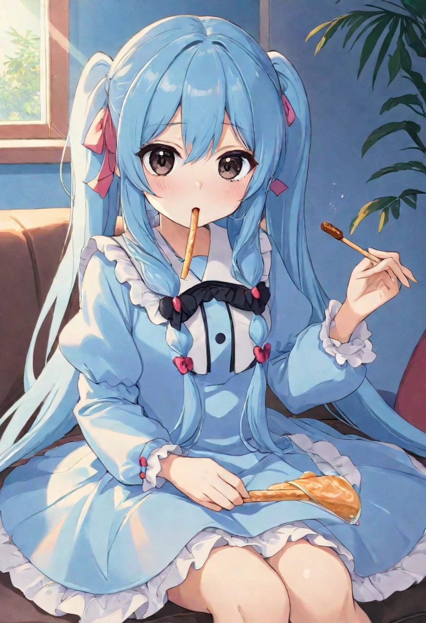 Light blue long hair、Twin-tailed Girl, black eye、Cute girl anime visuals, Anime Moe Art Style, Splash Art Anime 、2D Anime Style, Eating Pocky、Thin stick snacks、Cute Loliostume