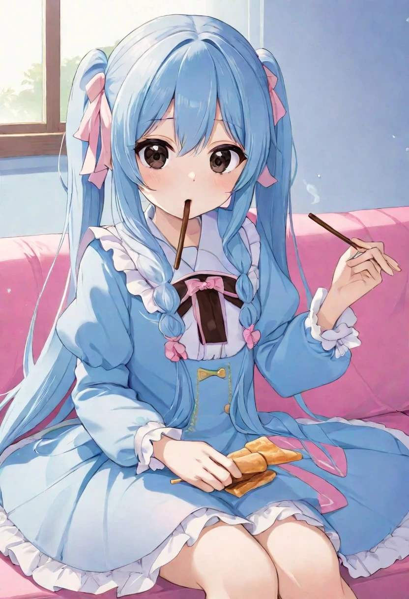 Light blue long hair、Twin-tailed Girl, black eye、Cute girl anime visuals, Anime Moe Art Style, Splash Art Anime 、2D Anime Style, Eating Pocky、Thin stick snacks、Cute Loliostume