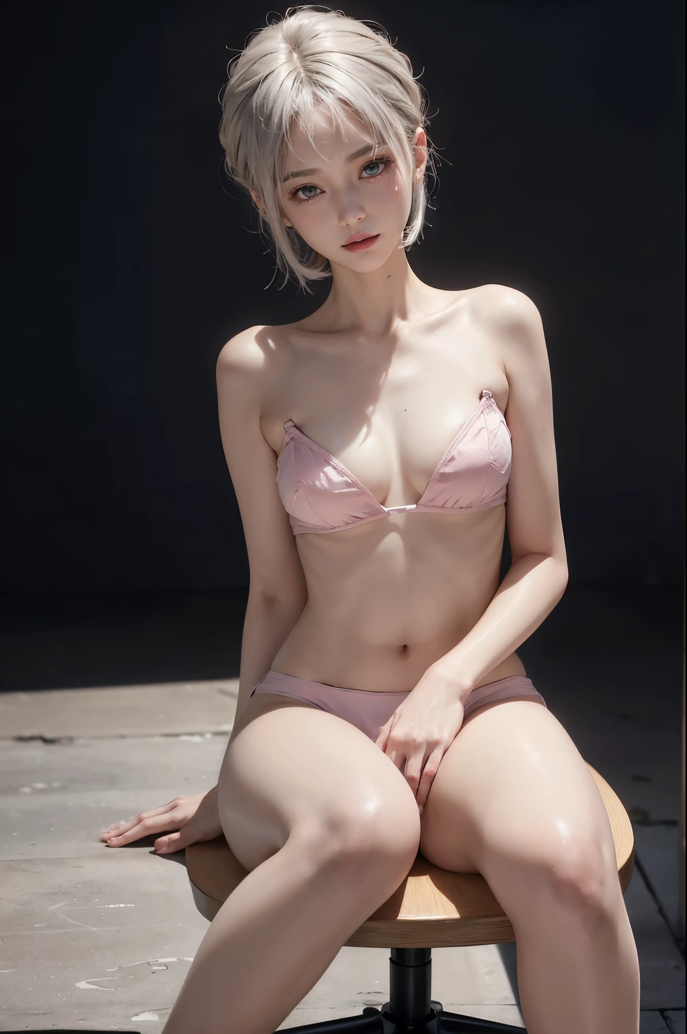 a 13 yo woman, Hair color is random, such as blonde, brown, silver, purple, etc.,, (hi-top fade:1.3), dark theme, soothing tones, muted colors, high contrast, (natural skin texture, hyperrealism, soft light, sharpfullnude,full bodyesbian,Crouching,Thigh opening, Smaller ,14years, Short Bob Hair,opening legs,Korea person,Global KPOP Idols,flat 、Small face、slim figure、legs thin and long, underdeveloped ,legs are thin,Sitting on the director's chair with his ,Cheeky face,The body is thin,Wearing white , Bright background,Crowds,Pink ,pink ,Pink ,Nothing is worn,Longhaire,A smile that drives a man crazy,Korean idol faces,The background is in the rubble, Meaningful smile, Open your ,Some shame,12〜14-year-old innocence,,