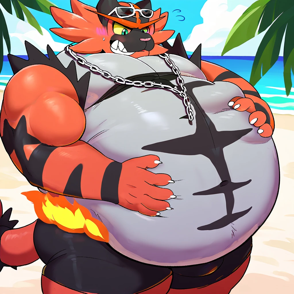 score_9_up, solo, male incineroar, anthro, male, pokemon, pokemon \(species\), generation 1 pokemon, sunglasses on head, chain necklace, flustered, blushing, holding belly, beach, inflated arms, inflated legs, body inflation