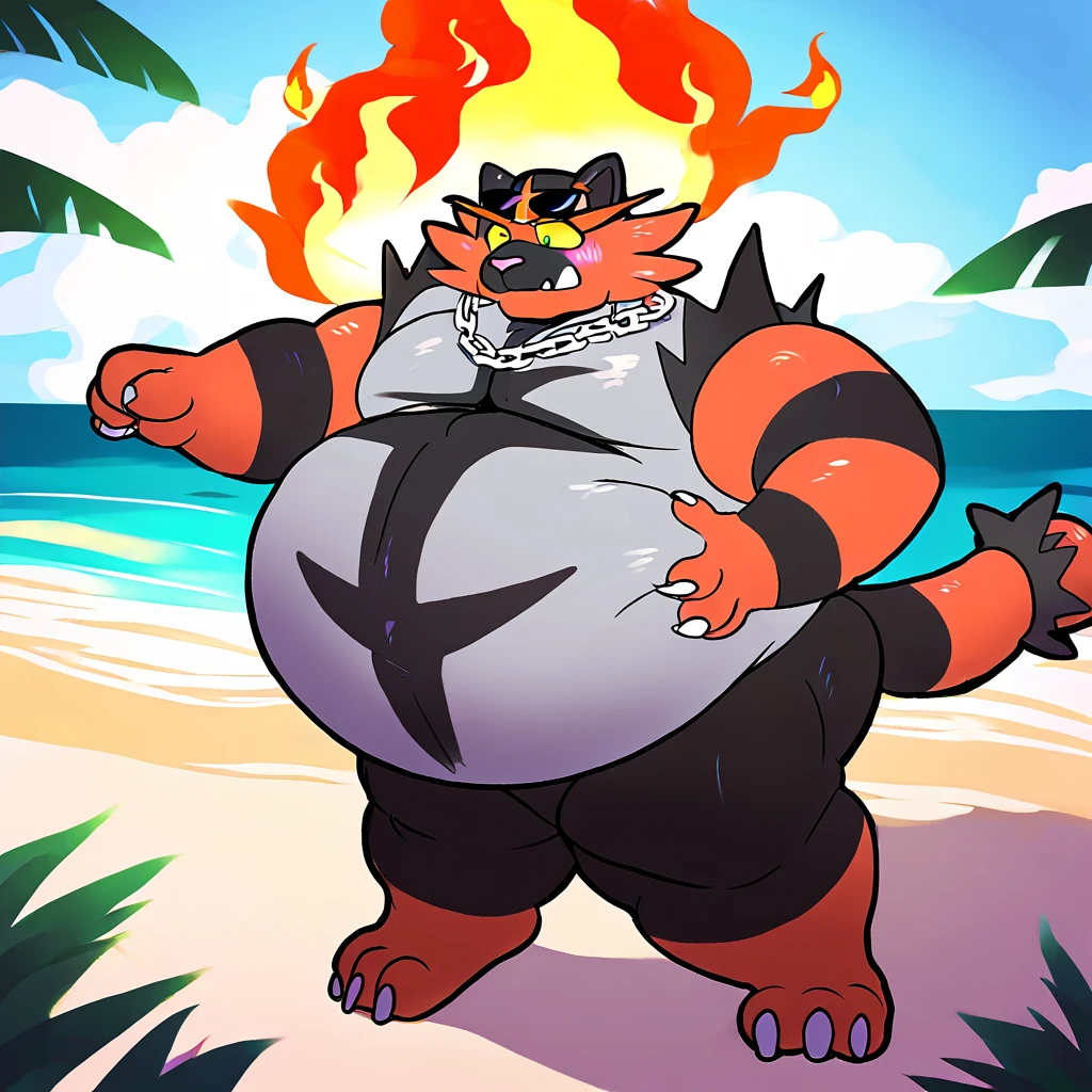 score_9_up, solo, male incineroar, anthro, male, pokemon, pokemon \(species\), generation 1 pokemon, sunglasses on head, chain necklace, flustered, blushing, holding belly, beach, inflated arms, inflated legs, body inflation