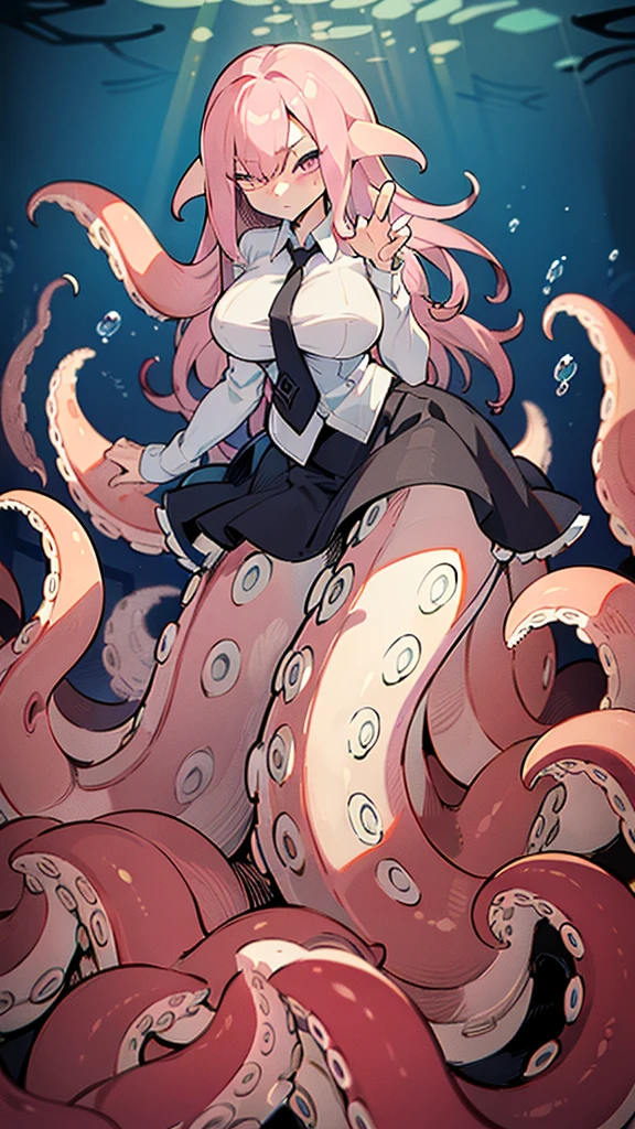 ((best quality)), ((highly detailed)), absurdres, (detailed eyes),1girl,20 years old,solo,long hair,pink hair,(((white shirt,black standart tie,black skirt))),((baddest pose)), cowboy shot, (((scylla))), (((octopus girl))), standing, (tentacles:1.33), (suction cups:1.33), (fused:1.33), ((tentacle legs)), squidlegs, ((underwater,sea,night)),leaning forward, serious,