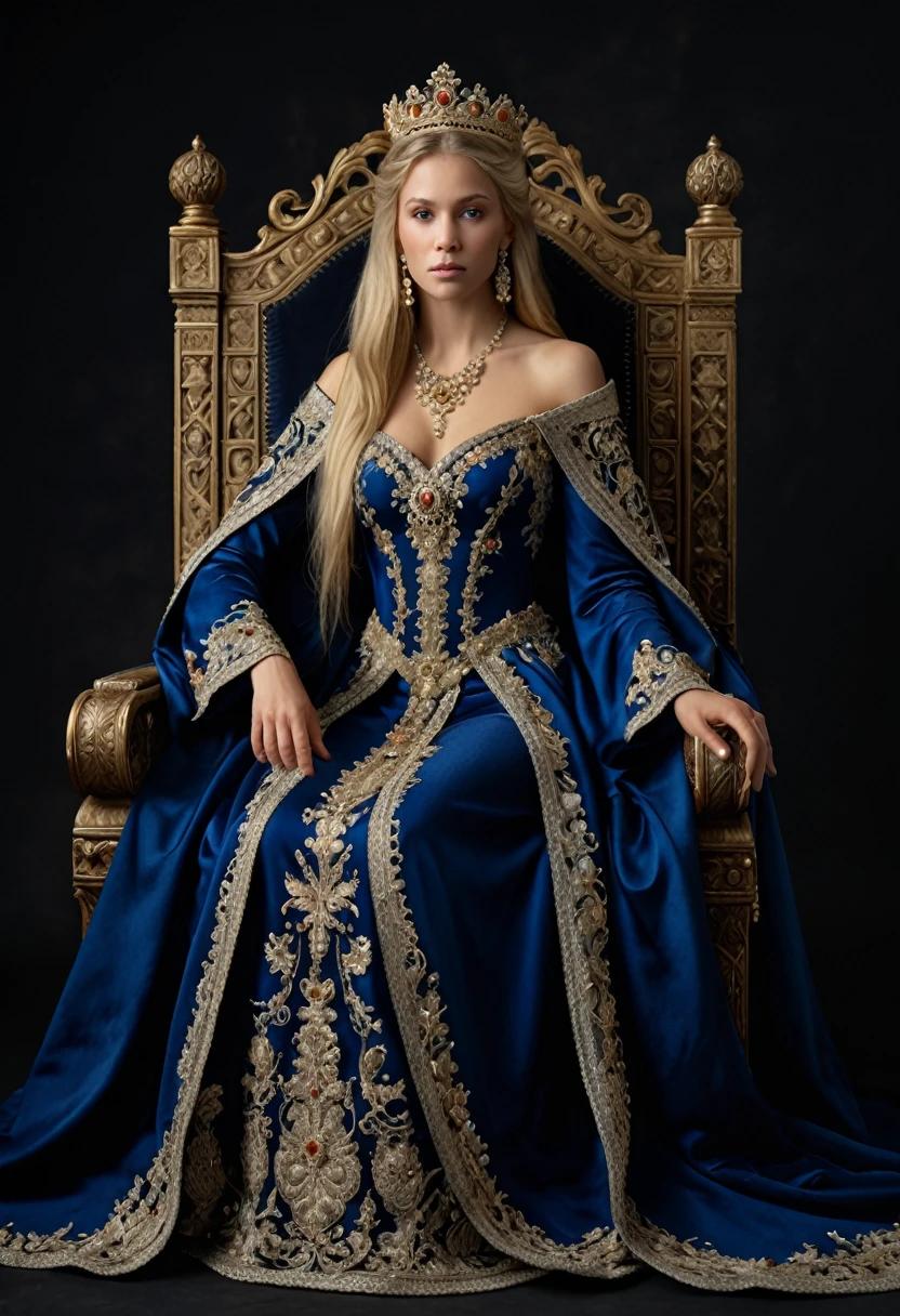 Portrait in the style of historical oil paintings.: European woman, 30 years, long straight blonde hair, slender, Full body visible from head to toe. Sitting on a medieval throne, Lateral position, Legs crossed but hidden by her elaborate and richly decorated long dress with long sleeves and train.. The dress is made of luxurious materials such as silk., Velvet, and satin, embroidered with gold and silver threads, and adorned with pearls and precious stones. The color is a deep royal blue., symbolizes wealth and high status. He wears a long fur-lined cape with elaborate motifs.., adding a touch of majesty. Her jewelry includes a crown with precious stones., Necklaces, earrings, wifes, and rings all in gold and studded with precious stones. Her hair is made with complex braids.., adorned with gorgeous hairpins and pearl-embellished nets. Her shoes are as elegant as the rest of the outfit.., embroidery to match the dress. The throne is made of wood with gold leaf details., facing a darkness, neutral background. soft front lighting, No reflections, focus on extreme details (skin pores, fabric texture, complexities of the throne). Aim for realism, 8k resolution detail.