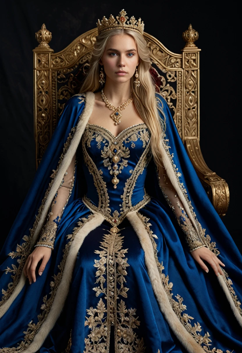 Portrait in the style of historical oil paintings.: European woman, 30 years, long straight blonde hair, slender, Full body visible from head to toe. Sitting on a medieval throne, Lateral position, Legs crossed but hidden by her elaborate and richly decorated long dress with long sleeves and train.. The dress is made of luxurious materials such as silk., Velvet, and satin, embroidered with gold and silver threads, and adorned with pearls and precious stones. The color is a deep royal blue., symbolizes wealth and high status. He wears a long fur-lined cape with elaborate motifs.., adding a touch of majesty. Her jewelry includes a crown with precious stones., Necklaces, earrings, wifes, and rings all in gold and studded with precious stones. Her hair is made with complex braids.., adorned with gorgeous hairpins and pearl-embellished nets. Her shoes are as elegant as the rest of the outfit.., embroidery to match the dress. The throne is made of wood with gold leaf details., facing a darkness, neutral background. soft front lighting, No reflections, focus on extreme details (skin pores, fabric texture, complexities of the throne). Aim for realism, 8k resolution detail.