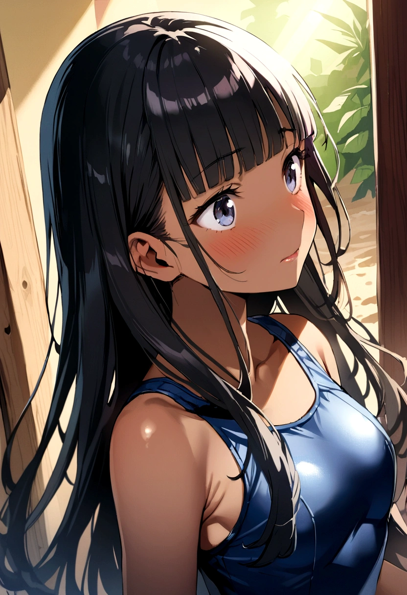 beach、School swimsuit、Sunburn、Tan Skin、Embarrassed、1 girl、Navy blue school swimwear、blunt bangs、Black Hair、super fine illustration,(((beautiful fine hair))),(((beautiful fine face))),(((beautiful fine background))),Midsummer、beachBlack Hair、blunt bangs、Cross-eyed