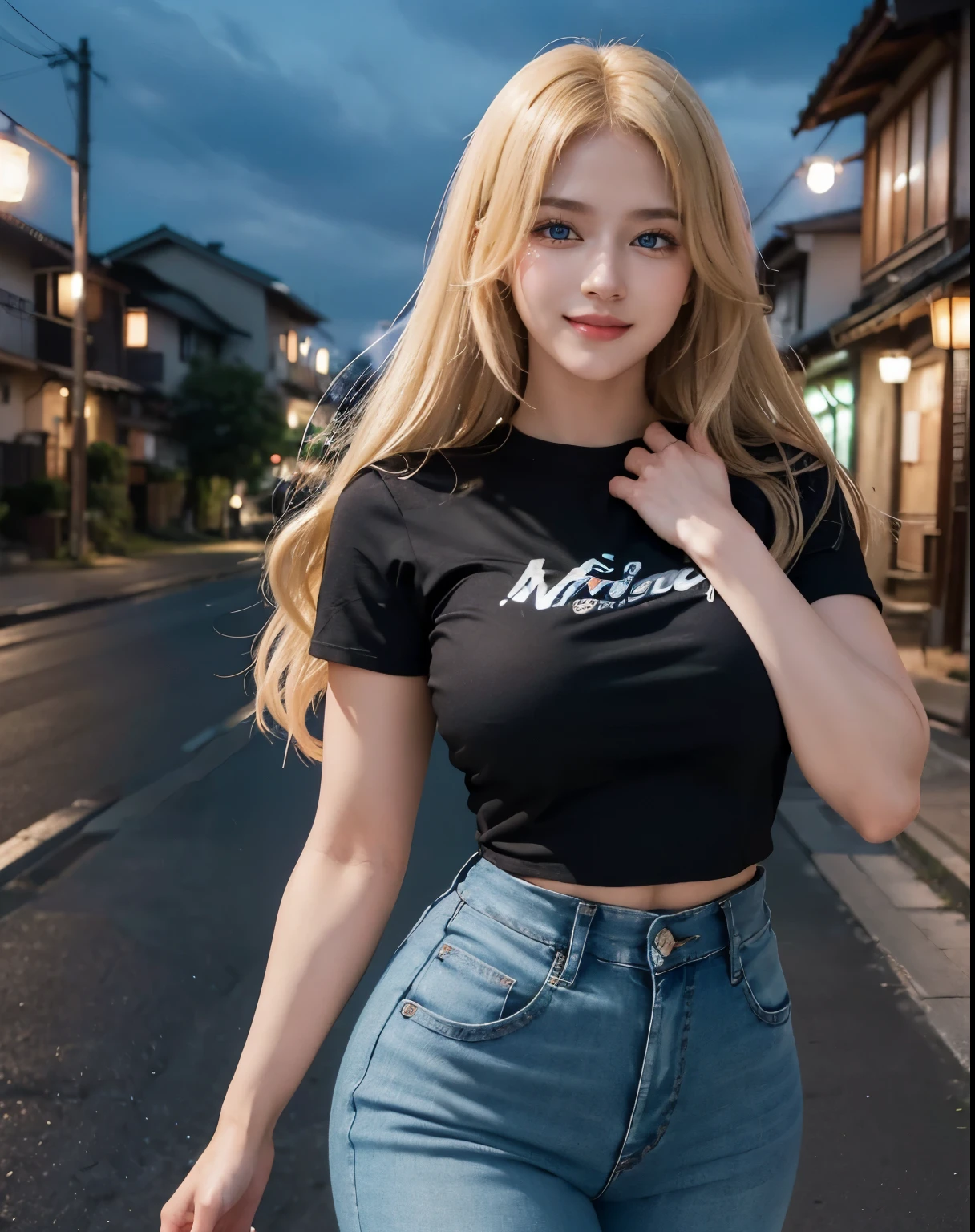 1girl, (Blue Eyes), (smiling :1.2), (Sana Minatozaki), wide hips, (big tits :1.1), (big ass), (thin waist :1.2), (thick thighs), (toned legs :1.1), muscle, (Best Quality, 8k, Masterpiece: 1.3), Clear Focus: 1.2, Perfect Body Beauty: 1.4, (strong abs :1.2), Highly detailed face and skin texture, detailed eyes, double eyelids, (shiny skin :1.2), (long blonde straight hair :1.2), (black t-shirt :1.2), (jeans :1.1), standing, dynamic pose, in a Japanese residential neighborhood at night, illuminated by streetlights

