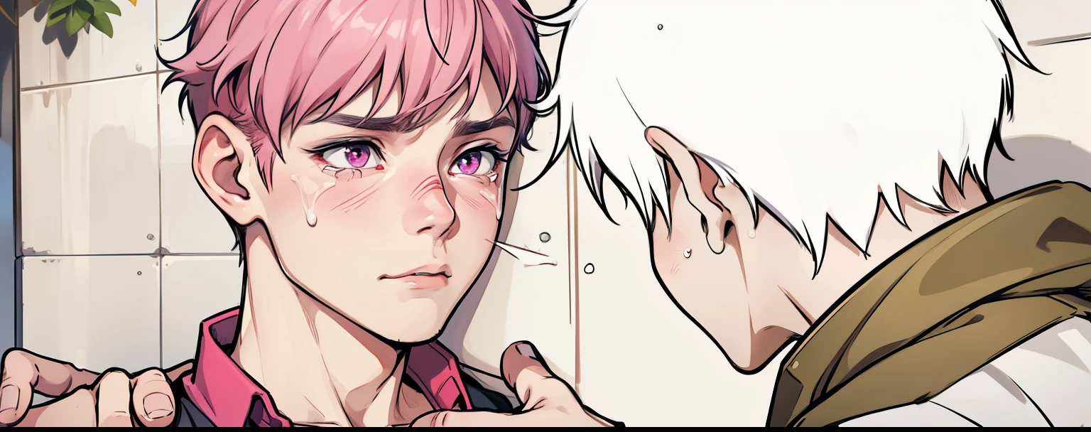 cute 14 year old boy pink hair pink eyes he is scared he is afraid, He has some tears on his face, he puts his hand on his shoulder, comforting him.