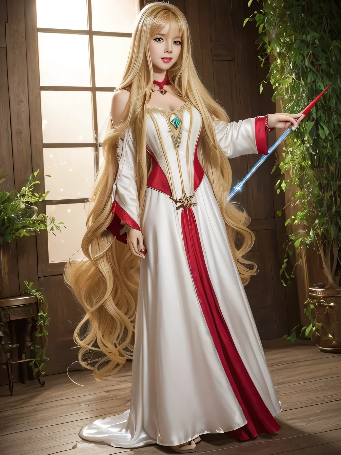 ((Full Shot:1.3))　(big 1.4)　Beautiful Fantasy Girl　((She is a healer in a fantasy world standing and casting a healing spell!!!!!))　((This is a fantasy world cave!!!))　(She is 24 years old、France's Most Beautiful Fantasy Girl Heroine)　((She wore a Victorian-style white and red dress.:1.5))　((She has a giant magic wand:2.0))　(She shows her best smile to the viewers.)　(Highest quality)), ((masterpiece)), (Get used to it), Perfect Face　(1 Girl)　((Her hair is blonde:1.5))　((Her hair is very wavy!!!))　((Beautiful Fantasy Girl with Long Light Blonde Hair　Very long hair down to the ankles!!!!!　Highest quality　The finest details　long hair to the ankles!!!!!、Very long hair!!!!! It lasts forever:1.3　Flowing Hair!!!!!　Very shiny そして thick hair　Abnormally long hair that lasts forever!!!!!　Flowing hair on both ends!!!!!　long hair to the ankles!!!!!　long hair to the ankles!!!!!　Thick and shiny hair　Very free hair　Abnormally long hair!!!!!　Beautiful silky hair　Beautiful and shiny hair　Beautiful and shiny hair　Beautiful silky hair　long hair to the ankles!!!!!　Very very, Very long hair!!!!!　Very very, Very long hair!!!!!))　(Highest quality　The best ultra-fine　Very long hair that reaches down to her ankles!!!!!、Very long hair It lasts forever　Flowing Hair　Very shiny そして thick hair　Abnormally long hair that lasts forever!!!!!　Flowing hair on both ends!!!!!　long hair to the ankles!!!!!　long hair to the ankles!!!!!　Thick and shiny hair　Very free hair　Abnormally long hair!!!!!　Beautiful silky hair　Super long hair down to the ankles!!!!!　Beautiful and shiny hair　Beautiful and shiny hair　Beautiful silky hair　Ankle-length hair　Very veryVery long hair!!!!!　Very veryVery long hair!!!!!))　(Her bangs are completely cut and parted in the center)　(She's sexy, Professional Makeup　Lipstick is bright red!!!　The eyeliner is a beautiful black)　Anatomically correct、Beautiful white human skin and、Detailed illustration of hands and fingers　Beautiful Eyes　Mouth Details　the corners of the mouth rise slightly　(Thin lips)　good, Anatomically correct hand　Anatomically correct five fingers　Beautiful French girl face, French  features　Cool look　(The eyebrows are dark brown in color)　(She has the typical フランス語 complexion and build.)　