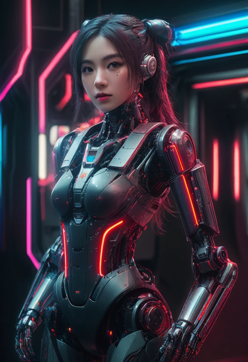xxmixgirl. Highly detailed professional 35mm film, bokeh, face in sharp focus. A robotic female, Miku, with ((metal skin)), ((perfect Asian eyes)) with magenta irises and ((black pupils)), beautiful serious (detailed face), 18 year old ((photorealistic face)), very long magenta twin tails of magenta hair, twin black hair ties with a single red stripe. She may have a black audio headpiece. We can see her ((full body)) down to her boot soles. Her outfit is a sleeveless collared light grey shirt, outlined in red around the frilled collar and hems. Shiny reflective ((metallic breast cups, dimpleless)), invisible nipples. She wears black sleeves with red hems that start around her upper arm and bellow out as the sleeves open and extend to her wrists, with wide trumpet red rimmed cuffs. She has perfect robotic (detailed hands). She wears a red colored tie with two horizontal solid parallel black lines halfway across. She wears a fabric black skirt with a horizontal red hem at the bottom all the way around; her (((black skirt wraps around her))) and ((her skirt completely covers)) her robotic waist and thighs. Tall black boots with red bottom soles, a red rim around the top at her thighs. Her mechanical shoulder joints are visible. We can see her robotic legs and robotic neck. Half of her is covered with shiny polished machinery. The background is a distant dark neon futuristic Japanese city, gold, cyan, violet neon, near harbor or mountains.