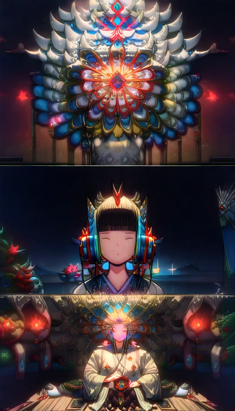 Wearing Yukata、Girl listening to music, (((Using headphones:1.5))),Relaxing environment, in a dark room at night，444 Hz, Very detailed, 8K, use, bid, praise(((Short, fine hair:1.5)))