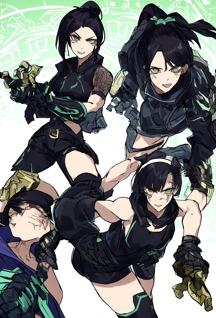 2077 Cyberpunk Female with a striking figure with an athletic build. Her raven-black hair is often tied back into a tight ponytail. She has sharp, piercing green eyes and a scar running down her left cheek, a memento from a past fight. Her attire usually consists of a black sleeveless hoodie, dark cargo pants, and combat boots. On her hands, she wears a pair of custom-made brass knuckles gloves, intricately designed and engraved with her name.