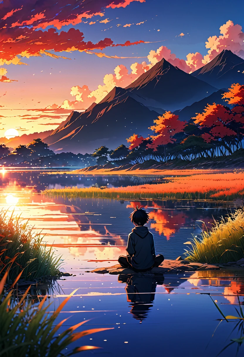 anime landscape of a boy sitting near a lake shore with small grasses, sunset with orange and red hellish clouds, anime nature wallpapers, beautiful anime scene, beautiful anime peace scene, Makoto Shinkai Cyril Rolando, beautiful anime scene, amazing wallpaper, anime art wallpaper 8k, anime background, art anime background, anime 4k wallpaper, anime art 4k wallpaper, anime art 4k wallpaper,