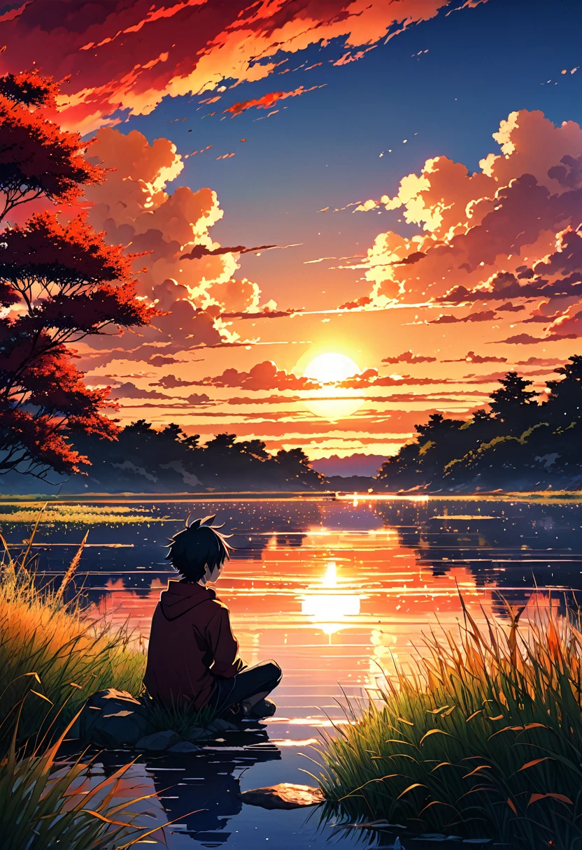 anime landscape of a boy sitting near a lake shore with small grasses, sunset with orange and red hellish clouds, anime nature wallpapers, beautiful anime scene, beautiful anime peace scene, Makoto Shinkai Cyril Rolando, beautiful anime scene, amazing wallpaper, anime art wallpaper 8k, anime background, art anime background, anime 4k wallpaper, anime art 4k wallpaper, anime art 4k wallpaper,