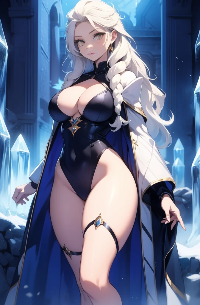 female, solo, young, sexy body, voluptuous figure, tightsuit, white hair, decolored blonde hair, ice effects around, ice queen, beautifull face, long hair, defined body, yellow and bright eyes, thick legs, strong legs, tall, Voluptuous legs, huge ass, big hip, big ass, female sorcerer, blue and black robes,