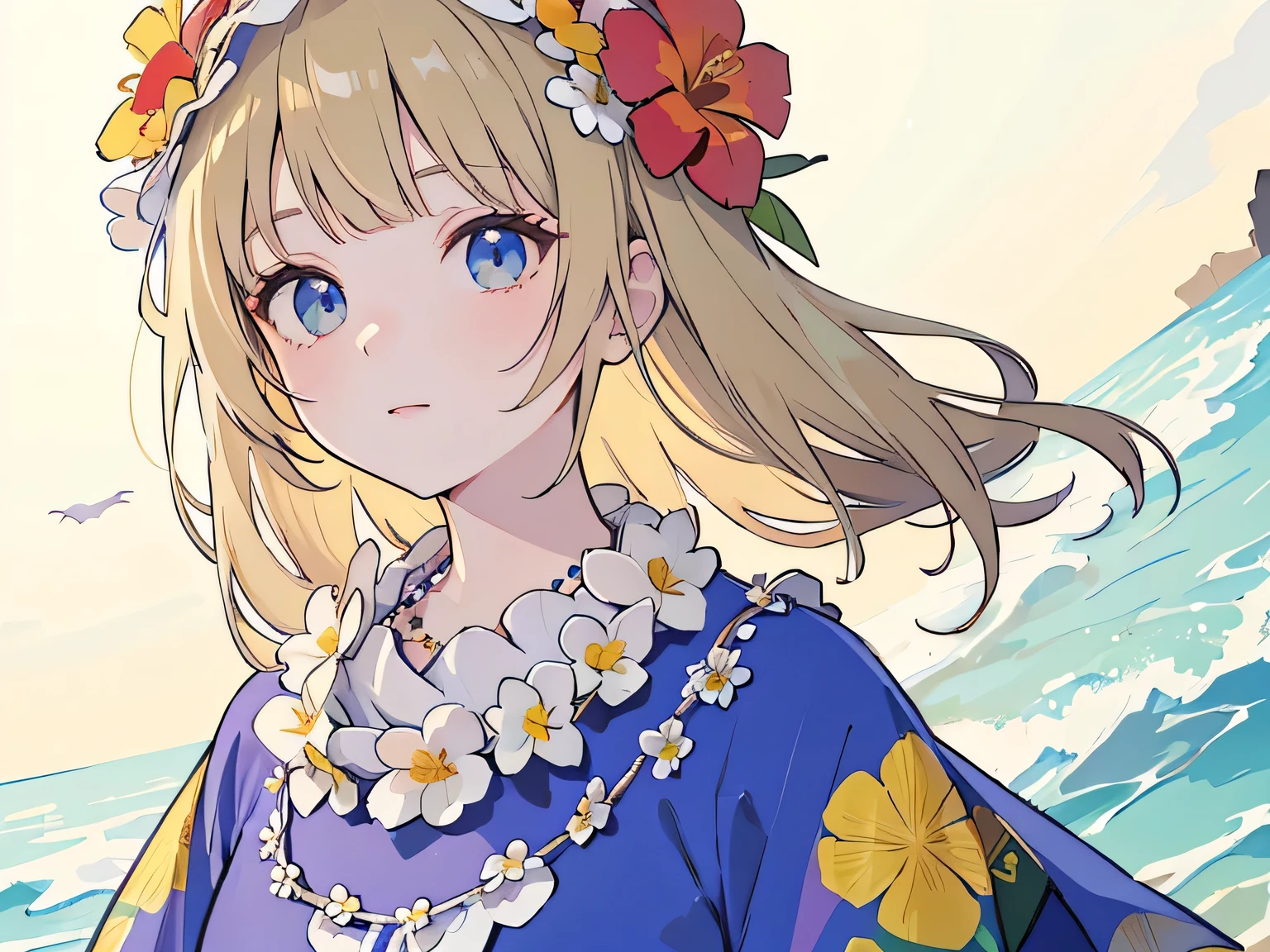 ((best quality)), ((masterpiece)), (detailed face and eyes), perfect face, Wearing a muumuu, Hawaii, flower necklace, Hawaiian dress, Hawaiian lei around neck, flower on head, at beach, mature