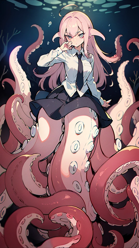 ((best quality)), ((highly detailed)), absurdres, (detailed eyes),1girl,20 years old,solo,long hair,pink hair,(((white shirt,black standart tie,black skirt))),((baddest pose)), cowboy shot, (((scylla))), (((octopus girl))), standing, (tentacles:1.33), (suction cups:1.33), (fused:1.33), ((tentacle legs)), squidlegs, ((underwater,sea,night)), serious,