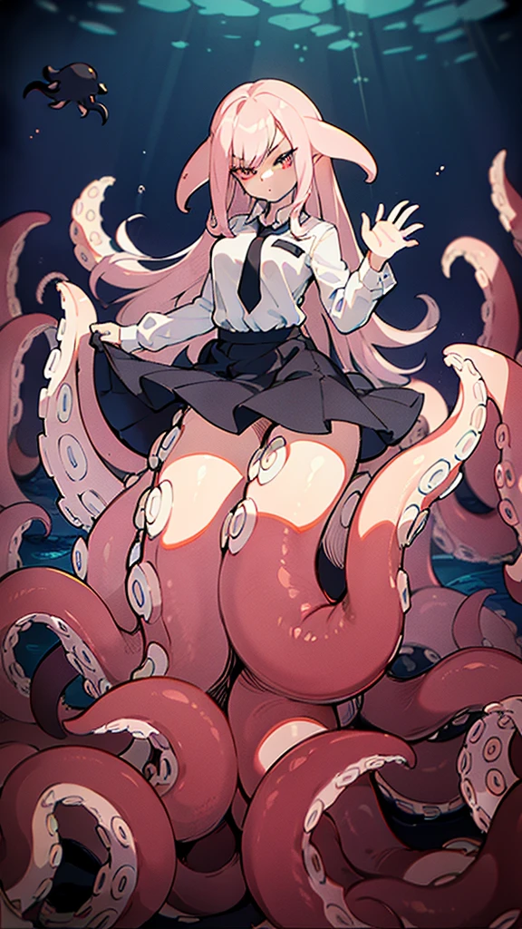 ((best quality)), ((highly detailed)), absurdres, (detailed eyes),1girl,20 years old,solo,long hair,pink hair,(((white shirt,black standart tie,black skirt))),((baddest pose)), cowboy shot, (((scylla))), (((octopus girl))), standing, (tentacles:1.33), (suction cups:1.33), (fused:1.33), ((tentacle legs)), squidlegs, ((underwater,sea,night)), serious,