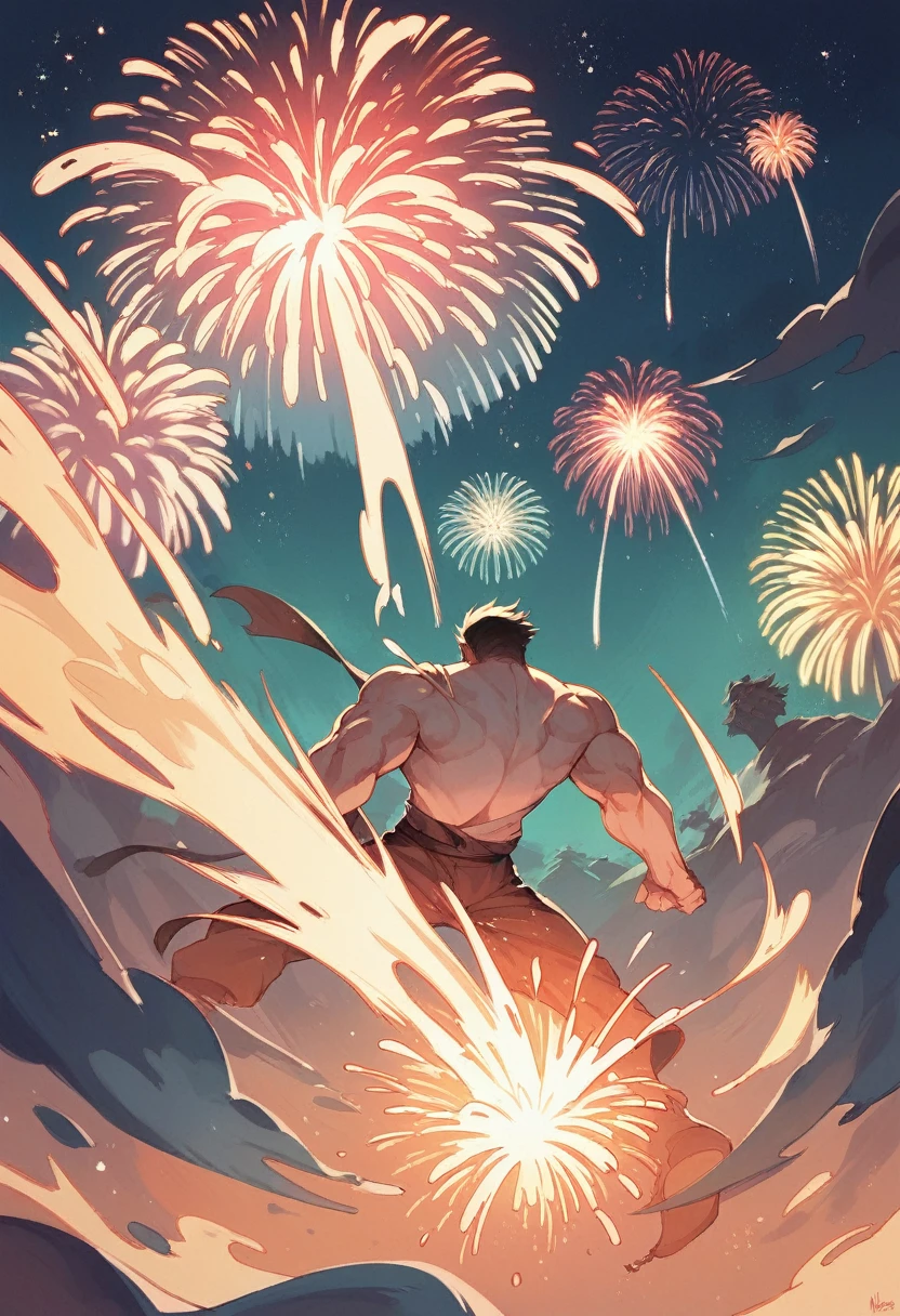 A poster of a bare-knuckle fight, with fireworks, stars and fire in the background, with a ghostly fighter in the center.