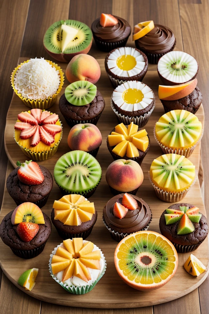 Chocolate cupcakes in orange, mango, coconut, strawberry and peach with kiwi