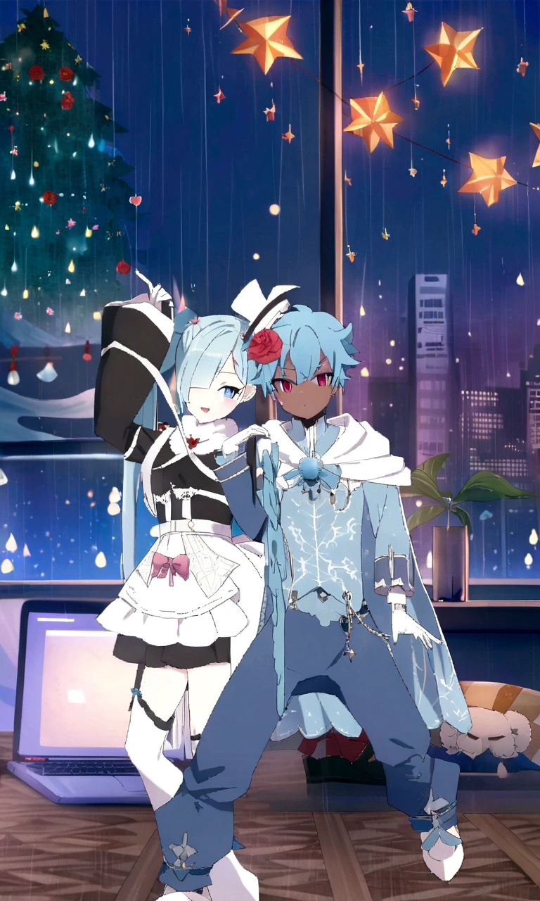 anime characters in a room with a laptop and a laptop, dapper dream demon, cold as ice! 🧊, 8k!!, raining!, lunar themed attire, ((wearing aristocrat robe)), 8k!, rimuru and milim, twintails white_gloves, chaos nightmare ❄️ amour, 2 d anime style, my dress up darling anime, rem rezero