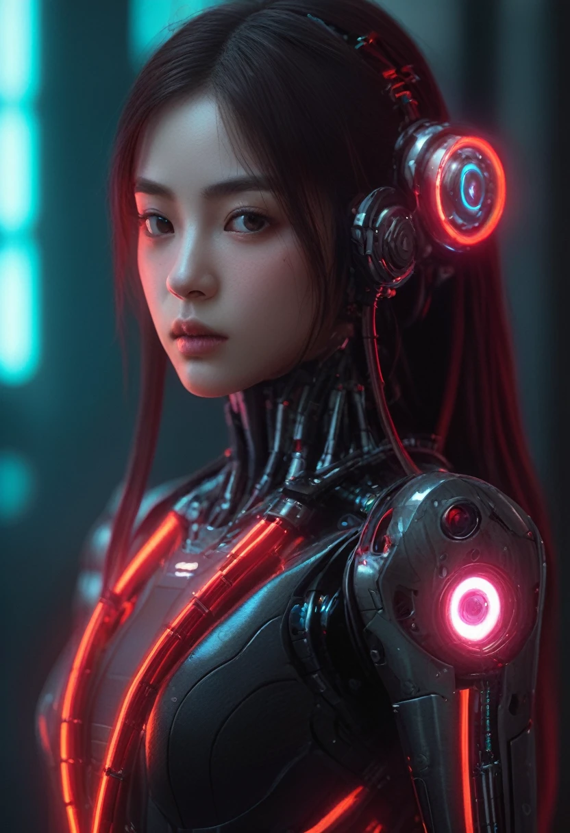 xxmixgirl. Highly detailed professional 35mm film, bokeh, face in sharp focus. A robotic female, Miku, with ((metal skin)), ((perfect Asian eyes)) with magenta irises and ((black pupils)), beautiful serious (detailed face), 18 year old ((photorealistic face)), very long magenta twin tails of magenta hair, twin black hair ties with a single red stripe. She may have a black audio headpiece. We can see her ((full body)) down to her boot soles. Her outfit is a sleeveless collared light grey shirt, outlined in red around the frilled collar and hems. Shiny reflective ((metallic breast cups, dimpleless)), invisible nipples. She wears black sleeves with red hems that start around her upper arm and bellow out as the sleeves open and extend to her wrists, with wide trumpet red rimmed cuffs. She has perfect robotic (detailed hands). She wears a red colored tie with two horizontal solid parallel black lines halfway across. She wears a fabric black skirt with a horizontal red hem at the bottom all the way around; her (((black skirt wraps around her))) and ((her skirt completely covers)) her robotic waist and thighs. Tall black boots with red bottom soles, a red rim around the top at her thighs. Her mechanical shoulder joints are visible. We can see her robotic legs and robotic neck. Half of her is covered with shiny polished machinery. The background is a distant dark neon futuristic Japanese city, gold, cyan, violet neon, near harbor or mountains.