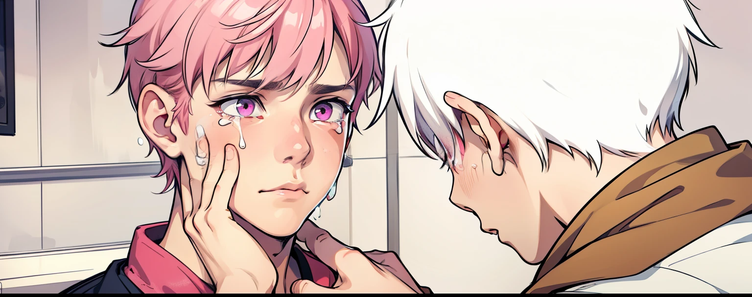 cute 14 year old boy pink hair pink eyes he is scared he is afraid, He has some tears on his face, he puts his hand on his shoulder, comforting him.