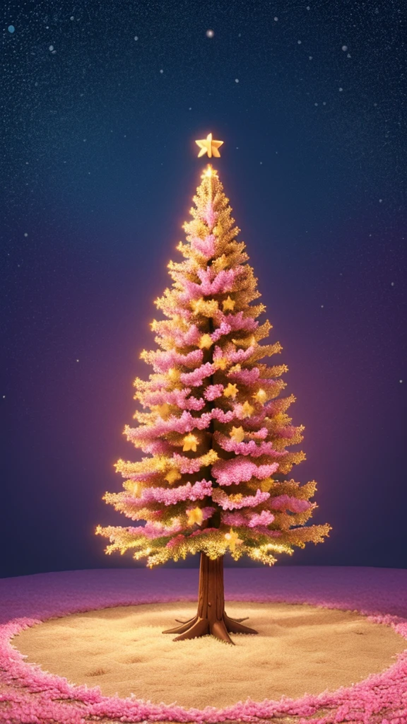 Create a high-quality photo, original, of a medium-sized Christmas tree decorated with golden stars and below the tree many pink petals scattered on the ground.