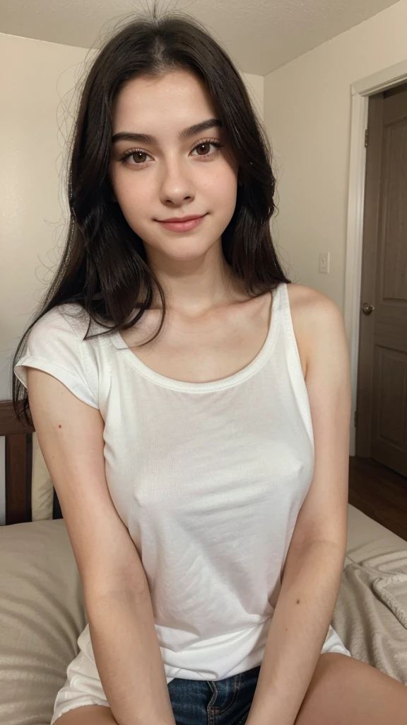 Pretty age woman, 20 years old, black hair, brown eyes, white pale skin, ordinary casual clothes, cell phone photo filter, simple makeup, Inside the bedroom, selfie, corner of mouth smile, real woman, focus on face, close up.