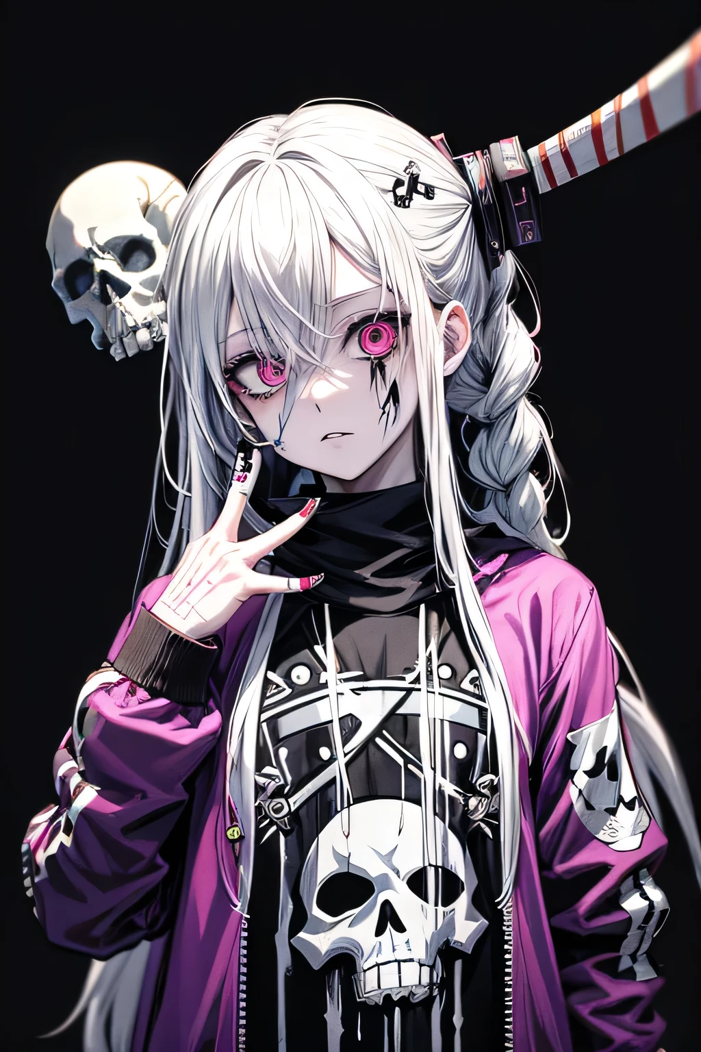 Anime Zombie Voodoo Priesterin Design, Crossbones, skull, Streetwear-Design, Dreadlocks, Pro-Vector, Horror-Stil, Complete design, Only 6 colors, solid colors, no shadows, Complete design, sticker, bright colors, White background.