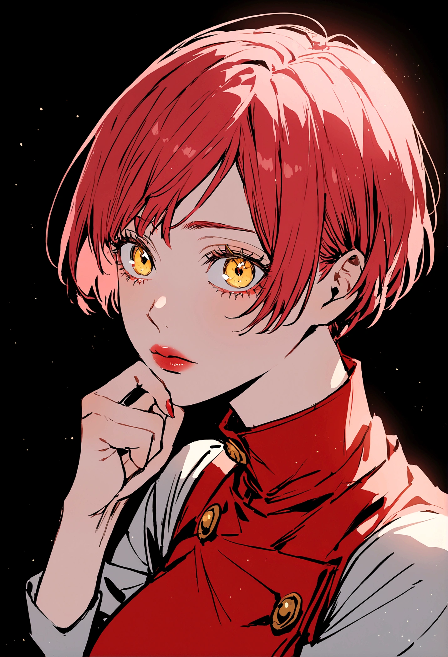 A girl with short red hair, with bright golden eyes, her lips are pink, He wears the uniform from the anime Jujutsu Kaisen and his left arm has shiny black spots.