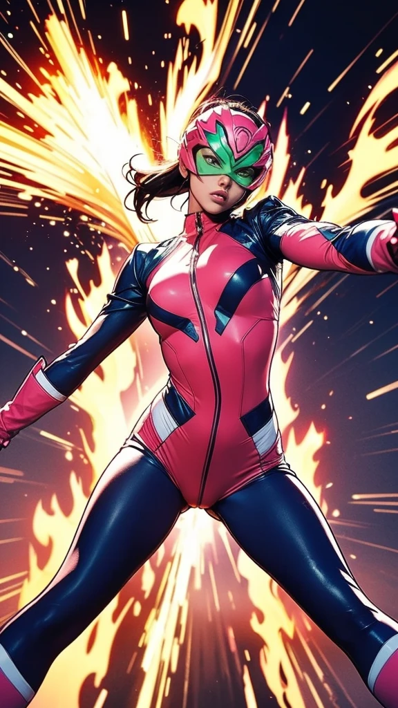 Solo, A brave and courageous image of a 6 member ranger team, Each one is decorated in vibrant colors such as:: ((Pink)), red is front of center, violet, Green, yellow, blue black, white,. Dynamic poses in a background that exudes energy and courage, neon, fire, plasma, Fluorescent, shocking, pink big bomber, splashing pink, running, fighting pose, action pose, Embodying the essence of the classic Sentai superhero team. Each Ranger:: The attire is sophisticated and modern, Each color has elements that reflect its theme., Ready for action. ((Camel Toe)), weapons, in sunset background , in cinematic lighting, cover art mixed cinema poster style,