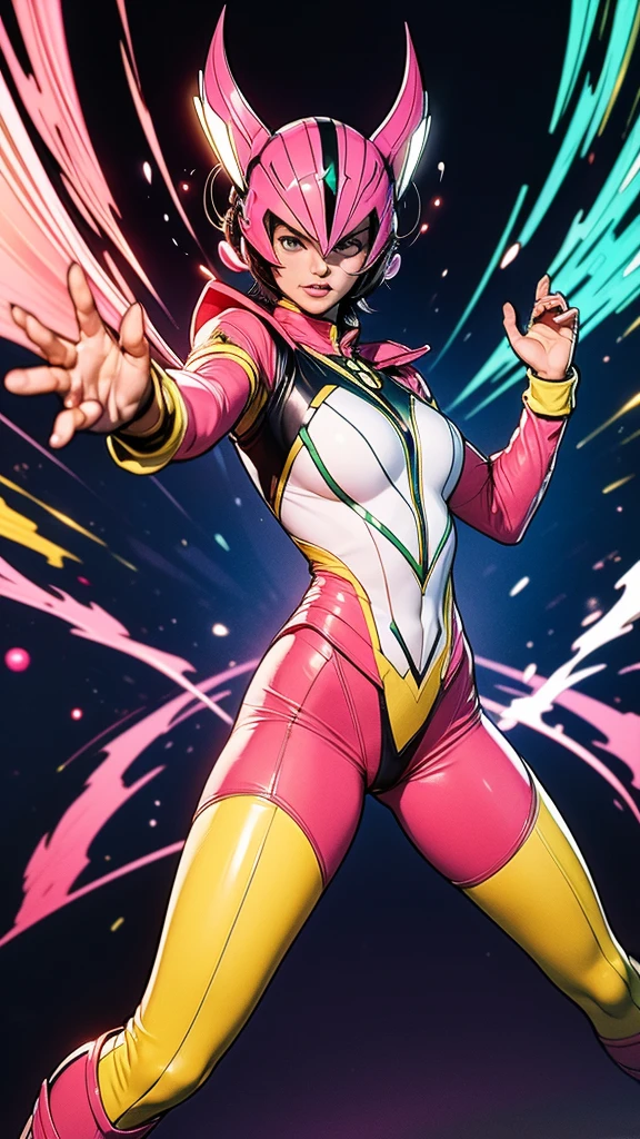 Solo, A brave and courageous image of a 6 member ranger team, Each one is decorated in vibrant colors such as:: ((Pink)), red is front of center, violet, Green, yellow, blue black, white,. Dynamic poses in a background that exudes energy and courage, neon, fire, plasma, Fluorescent, shocking, pink big bomber, splashing pink, running, fighting pose, action pose, Embodying the essence of the classic Sentai superhero team. Each Ranger:: The attire is sophisticated and modern, Each color has elements that reflect its theme., Ready for action. ((Camel Toe)), weapons, in sunset background , in cinematic lighting, cover art mixed cinema poster style,