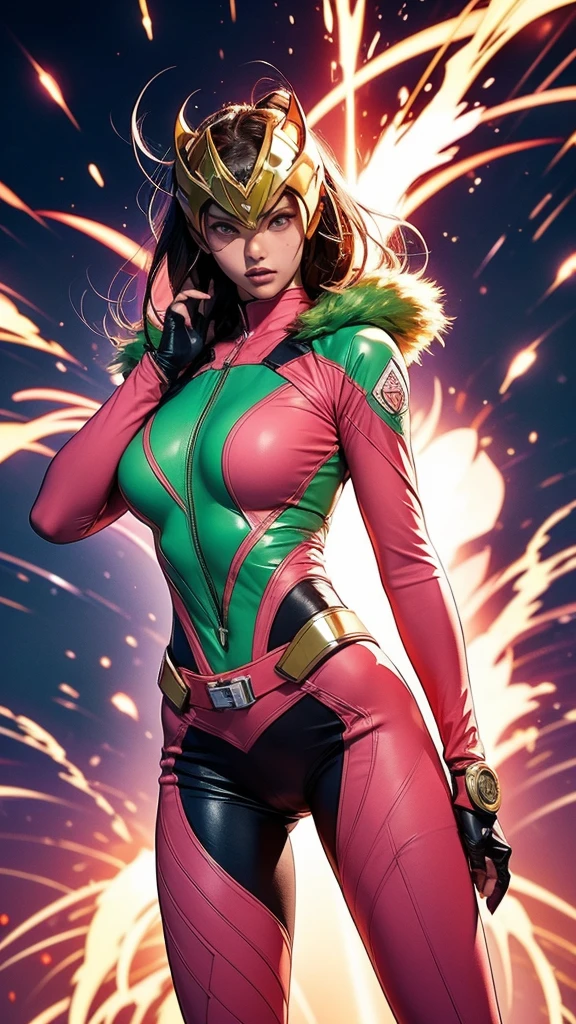 Solo, A brave and courageous image of a 6 member ranger team, Each one is decorated in vibrant colors such as:: ((Pink)), red is front of center, violet, Green, yellow, blue black, white,. Dynamic poses in a background that exudes energy and courage, neon, fire, plasma, Fluorescent, shocking, pink big bomber, splashing pink, running, fighting pose, action pose, Embodying the essence of the classic Sentai superhero team. Each Ranger:: The attire is sophisticated and modern, Each color has elements that reflect its theme., Ready for action. ((Camel Toe)), weapons, in sunset background , in cinematic lighting, cover art mixed cinema poster style,
