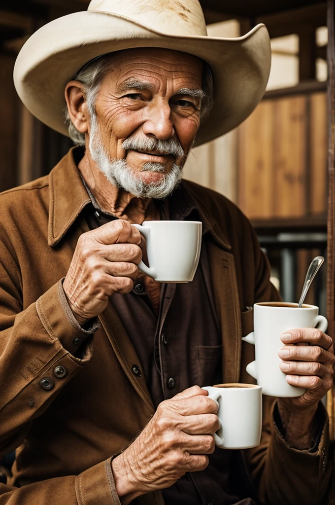 Elderly cowboy drinking coffee