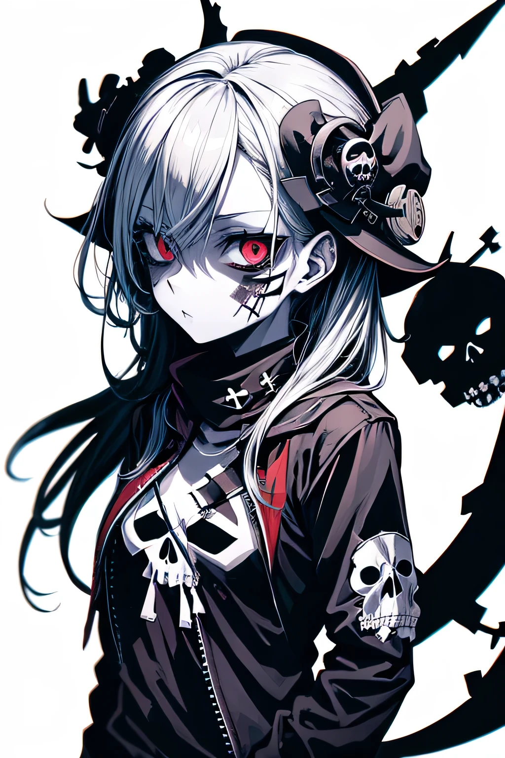 Anime Zombie Witch Design, Crossbones, skull, Streetwear-Design, Pro-Vector, Horror-Stil, Complete design, Only 6 colors, solid colors, no shadows, Complete design, sticker, bright colors, White background.