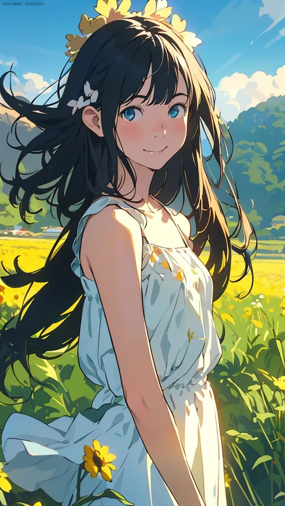 Reasonable design, Clear lines, High Sharpness, (Highest quality,8K,Perfect sharpness,Ultra fine,High resolution,masterpiece:1.2), Perfect Anatomy:1.5, Official Art, Illustrations that tell a story, (Whitish background:0. 9)、Body Positivity、多Mr.な身体表現、(Random and energetic poses)、Perfect beauty、Perfect beautiful face、Strong winds、A rich expression、Dynamic composition、smile、Golden ratio composition、colorful、((Mr.々Different angles and perspectives))、Anime Art、(Mini dress)、(Overcoming stereotypes)、 Glowing Skin、(Natural beauty)、smile、Bangs、(Soft and flowing hair)、(countryside)、(Nostalgic atmosphere)、Put up to your feet、(Playful and carefree)、(多Mr.な民族のキャラクター)、(innocent attitude)、(Sunny atmosphere)、(The skirt flutters wildly in the wind)、(Bright colors)、Beautiful Eyes、(Embarrassing)、Braided Hair、Summer Scene、Smiling among flowers