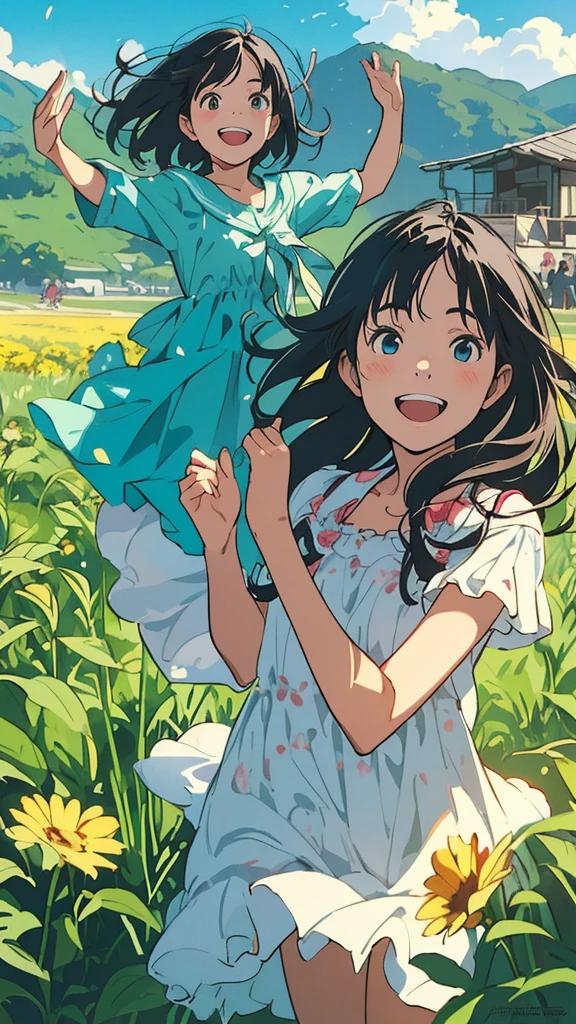 Reasonable design, Clear lines, High Sharpness, (Highest quality,8K,Perfect sharpness,Ultra fine,High resolution,masterpiece:1.2), Perfect Anatomy:1.5, Official Art, Illustrations that tell a story, (Whitish background:0. 9）、Body Positivity、多Mr.な身体表現、（Random and energetic poses）、Perfect beauty、Perfect beautiful face、Strong winds、A rich expression、Dynamic composition、smile、Golden ratio composition、colorful、（(Mr.々Different angles and perspectives)）、Anime Art、(Mini dress)、（Overcoming stereotypes）、 Glowing Skin、（Natural beauty）、smile、Bangs、（Soft and flowing hair）、（countryside）、（Nostalgic atmosphere）、Put up to your feet、（Playful and carefree）、（多Mr.な民族のキャラクター）、（innocent attitude）、（Sunny atmosphere）、(The skirt flutters wildly in the wind)、（Bright colors）、Beautiful Eyes、(Embarrassing)、Braided Hair、Summer Scene、Smiling among flowers