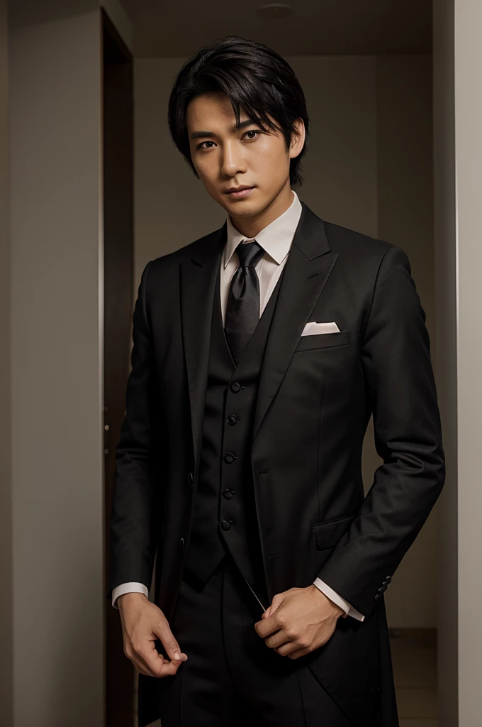 gojo satoru in anime desain with black suit and butler pose
