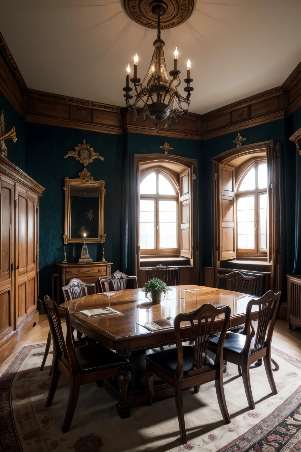 a medieval style castle room with lots of furniture, period details and good lighting for photography