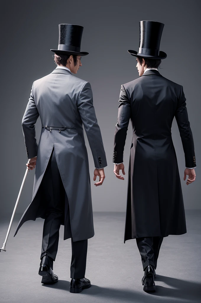Character from back with top hat overcoat and cane walking in transparent PNG 