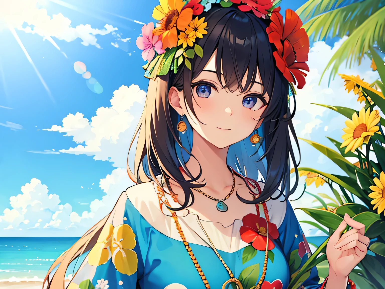 ((best quality)), ((masterpiece)), (detailed face and eyes), perfect face, Wearing a muumuu, Hawaii, flower necklace, Hawaiian dress, Hawaiian lei around neck, flower on head, at beach, mature