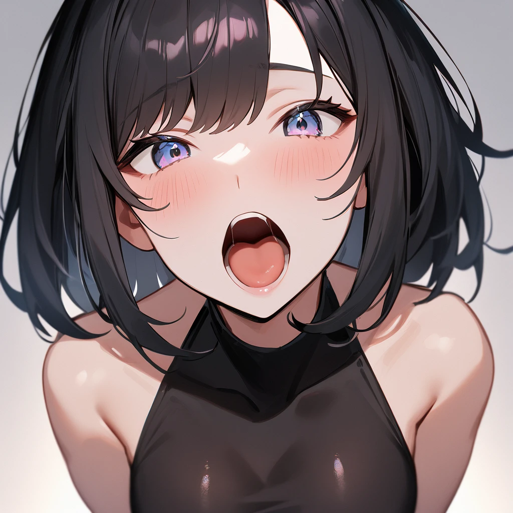 nsfw,1 girl,Solo,hair,(black hair:1),uvula,portrait,masterpiece, best quality, very aesthetic, absurdres,looking at viewer,split,(Black clothing),pov,open mouth,White Breath,shiny,gloss,heavy_breathing