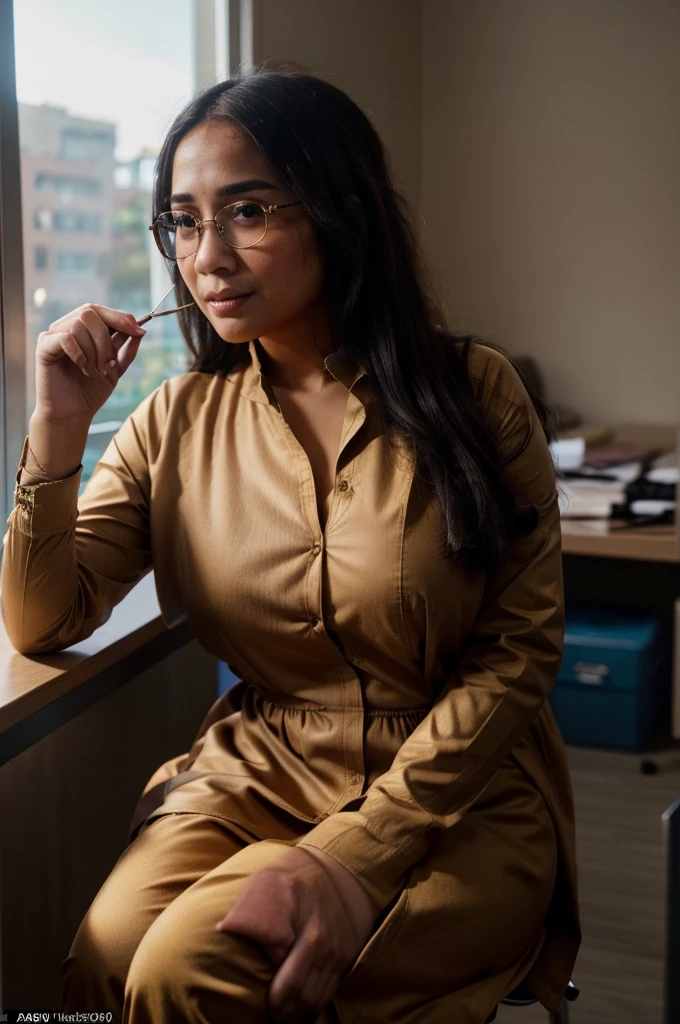 beautiful malaysia college woman age 22 name mira filzah brown eye, wearing nerd eyewear,tudung muslim,modernbaju kurung look rich,calm,confident,happy,beautifull body,looking at viewer, sitting on desk in classroom, (photo, photorealistic:1.37), (ultrahigh-res), half body, walking pose, hyper detailed  POV, by lee jeffries, nikon d850, film stock photograph ,4 kodak portra 400 ,camera f1.6 lens ,rich colors ,hyper realistic ,lifelike texture, dramatic lighting , cinestill 800, (huge breasts 1.3)