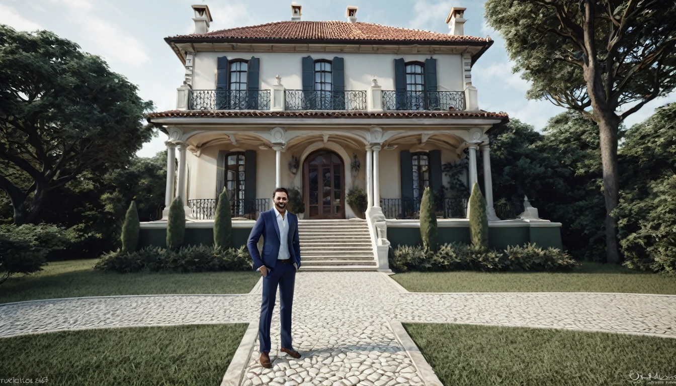 Create Sebastião, a happy man who loved middle age and looks good, he is in a suit at the door of a beautiful mansion on the top of the hill
