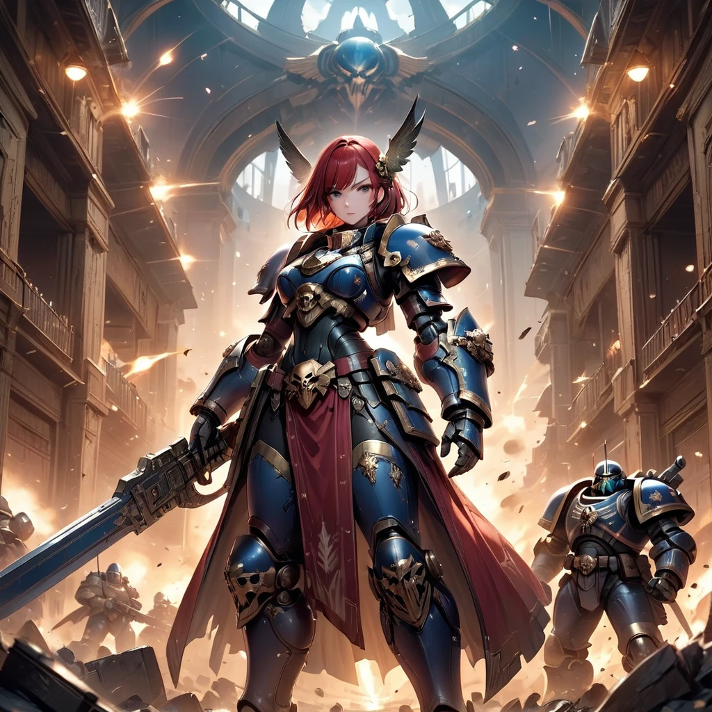 An Epic Fantasy Masterpiece in 8K Anime Digital Art Style, inspired by Warhammer 40k, showcases a Battle Sister of the Furious Goddess, wielding a Thundering Power Weapon. Clad in an Elegant Space Marine Armor adorned with intricate engravings, she stands ready for combat amidst a Chaotic Battlefield, a Visual Feast that captures the essence of Intense Conflict. With High Quality Detail, Cinematic Lighting, and a Wide-Angle Lens, this Masterpiece immerses viewers in the extraordinary world of Warhammer 40k, offering a captivating blend of elegance,
