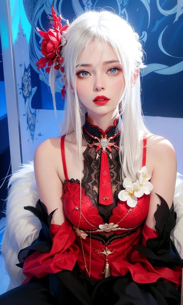 Royal princess,Super detailed, Delicate face, Stock Photography , Portrait 400, F1 Camera Lens.6, Colorful, Surrealism, Realistic textures, Dramatic Lighting, Thin Film Distiller 800 (8K, original photo, Better quality, masterpiece: 1.2), Super detailed, (Extremely delicate skin: 1.2), 8K 超高清, SLR camera, Soft Light, high quality.Fire Queen,Blue pupils,Apply red lipstick,Have a tattoo,The tattoo is very three-dimensional,Gorgeous and intricate tattoo designs,8K Mugshot,Large Breasts,Dark eyeshadow,Sexy thick lips(Red lipstick),Ice Princess,The facial features are very three-dimensional,